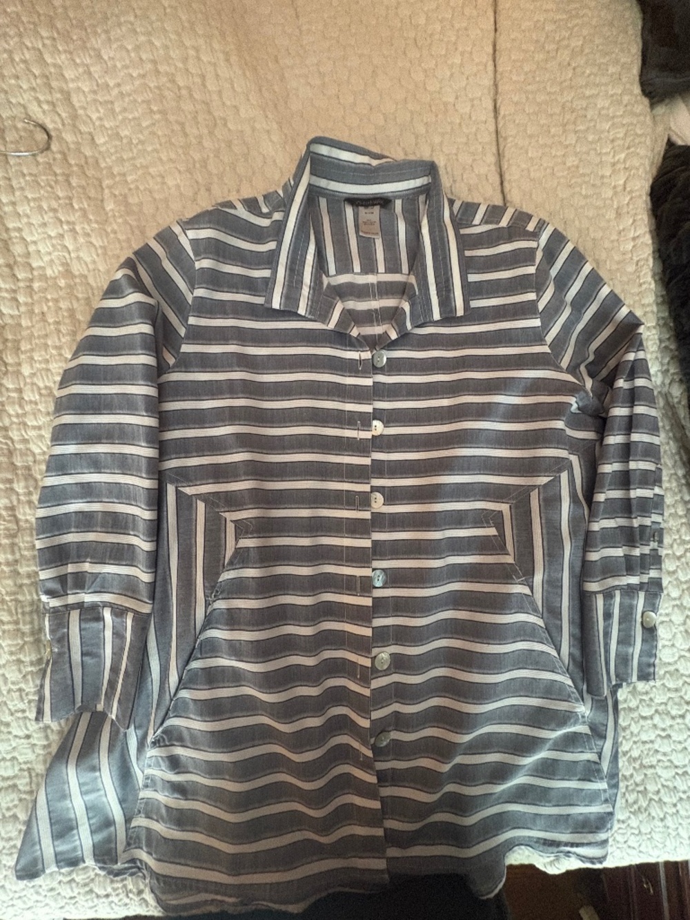 John Mark, L to XL tunic.  Black, blue and white stripes.